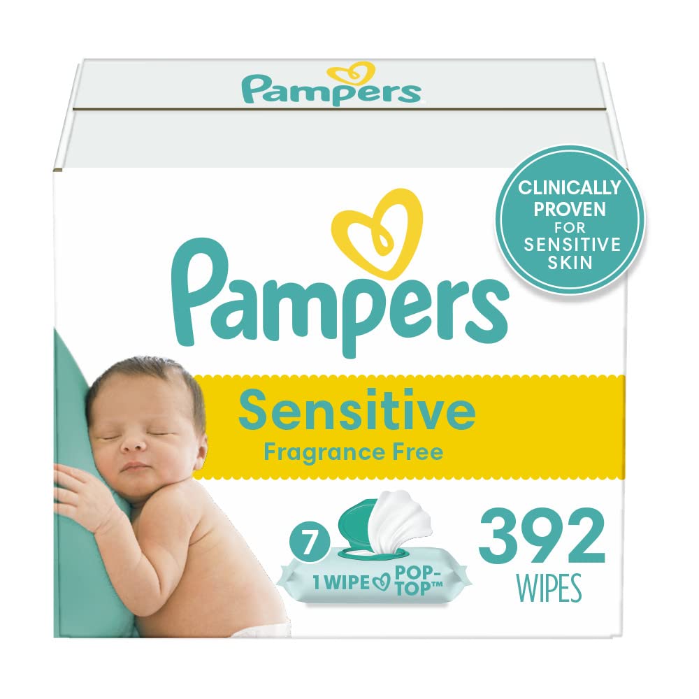 Pampers Sensitive Baby Wipes, Clinically Proven, Fragrance Free, Unscented, Water Based, Hypoallergenic, Multi-Use, Hand Wipes 336 Wipes Total (6X Flip-Top Packs) [Packaging May Vary]