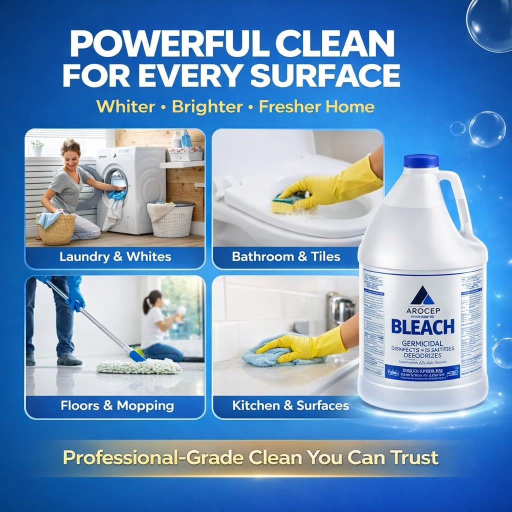 Liquid Chlorine Bleach Gallon – 6Pcs 1 Gallon Jug Bleach for Laundry, Household Cleaning, Commercial Use - Highly Concentrated Formula Bathroom Cleaner Ideal for Kitchen Surfaces, Tiles, Floors