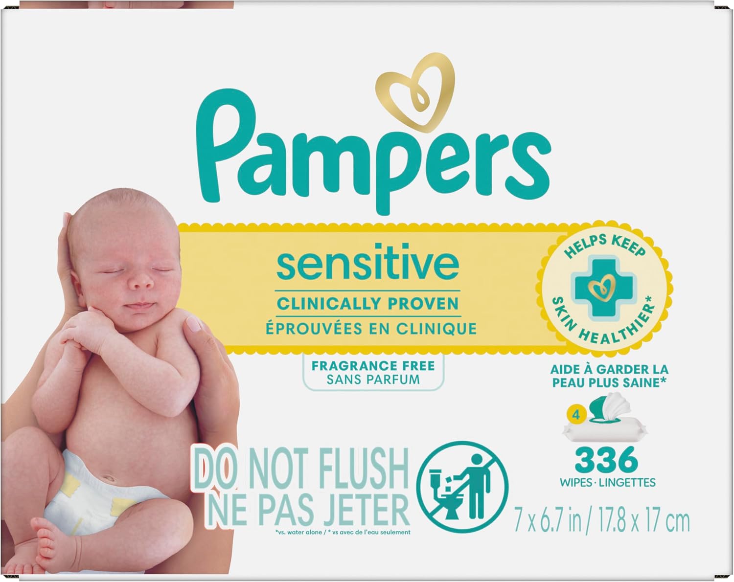 Pampers Sensitive Baby Wipes, Clinically Proven, Fragrance Free, Unscented, Water Based, Hypoallergenic, Multi-Use, Hand Wipes 336 Wipes Total (6X Flip-Top Packs) [Packaging May Vary]