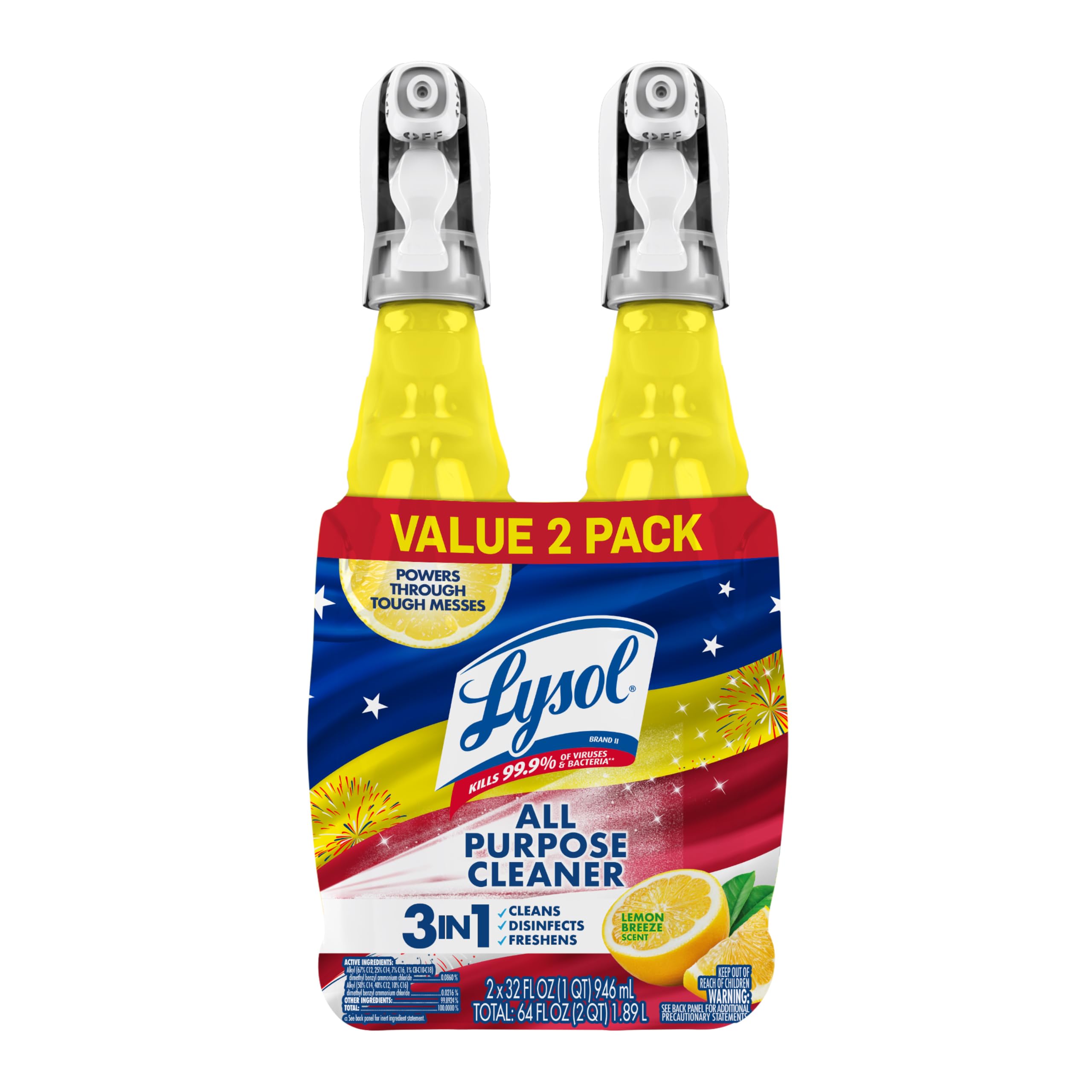 Lysol All Purpose Cleaner Spray, Multi-Purpose Disinfecting Spray, Kitchen & Bathroom Cleaner, Lemon Breeze, Lavender, & Mango Scents, 32oz (Pack of 4)