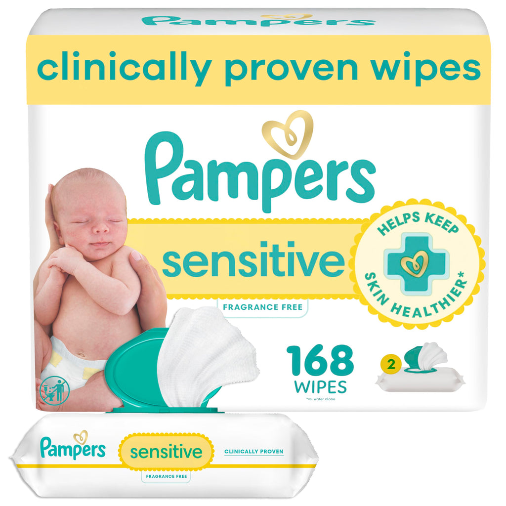Pampers Sensitive Baby Wipes, Clinically Proven, Fragrance Free, Unscented, Water Based, Hypoallergenic, Multi-Use, Hand Wipes 336 Wipes Total (6X Flip-Top Packs) [Packaging May Vary]