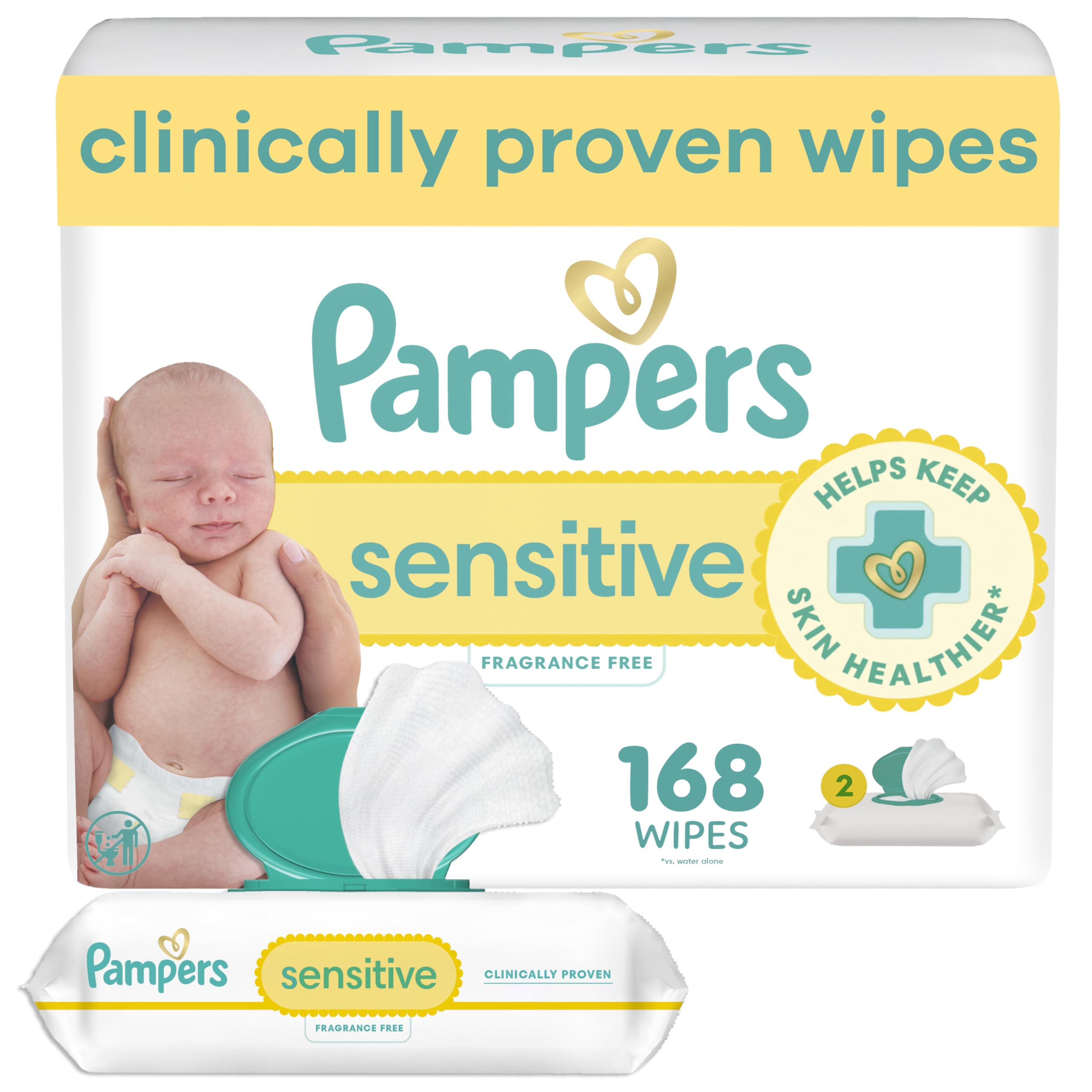 Pampers Sensitive Baby Wipes, Clinically Proven, Fragrance Free, Unscented, Water Based, Hypoallergenic, Multi-Use, Hand Wipes 336 Wipes Total (6X Flip-Top Packs) [Packaging May Vary]