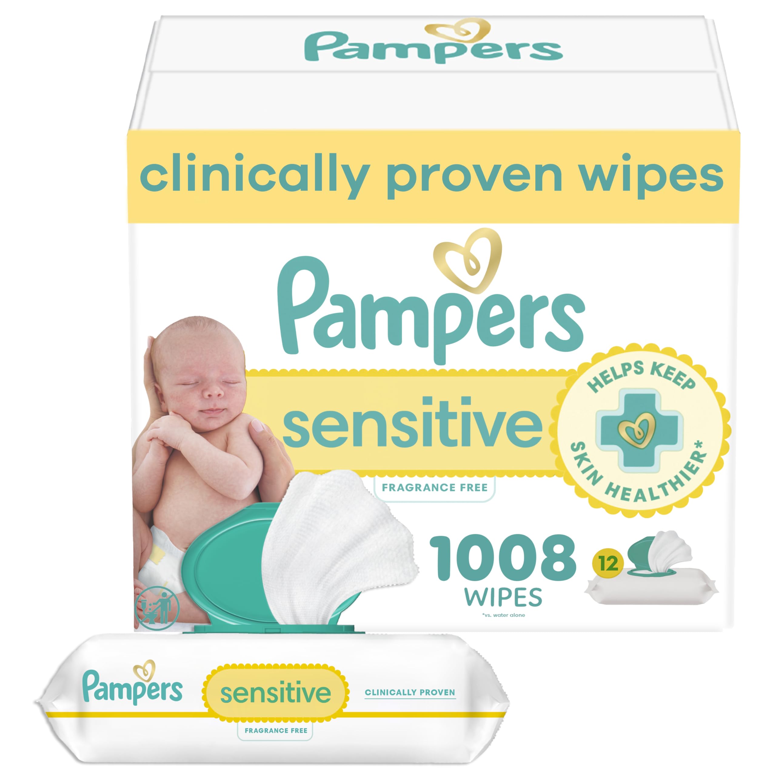 Pampers Sensitive Baby Wipes, Clinically Proven, Fragrance Free, Unscented, Water Based, Hypoallergenic, Multi-Use, Hand Wipes 336 Wipes Total (6X Flip-Top Packs) [Packaging May Vary]