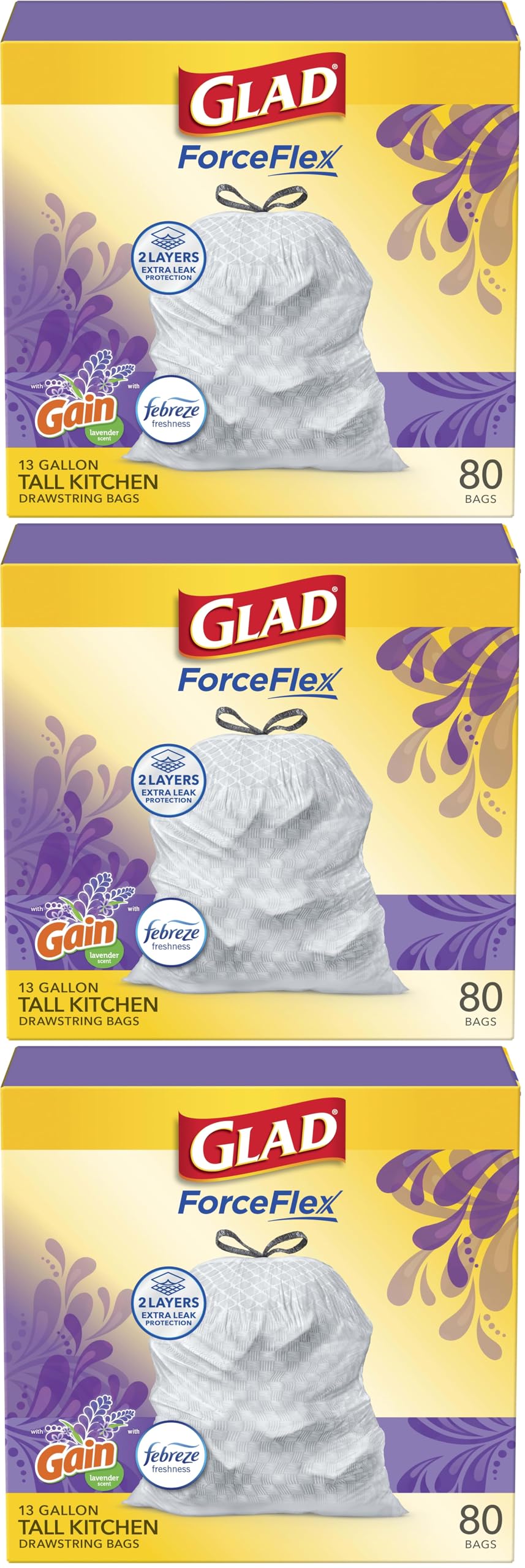 Glad ForceFlex Tall Kitchen Drawstring Trash Bags, 13 Gal, Gain Lavender, 80 Ct (Package May Vary)