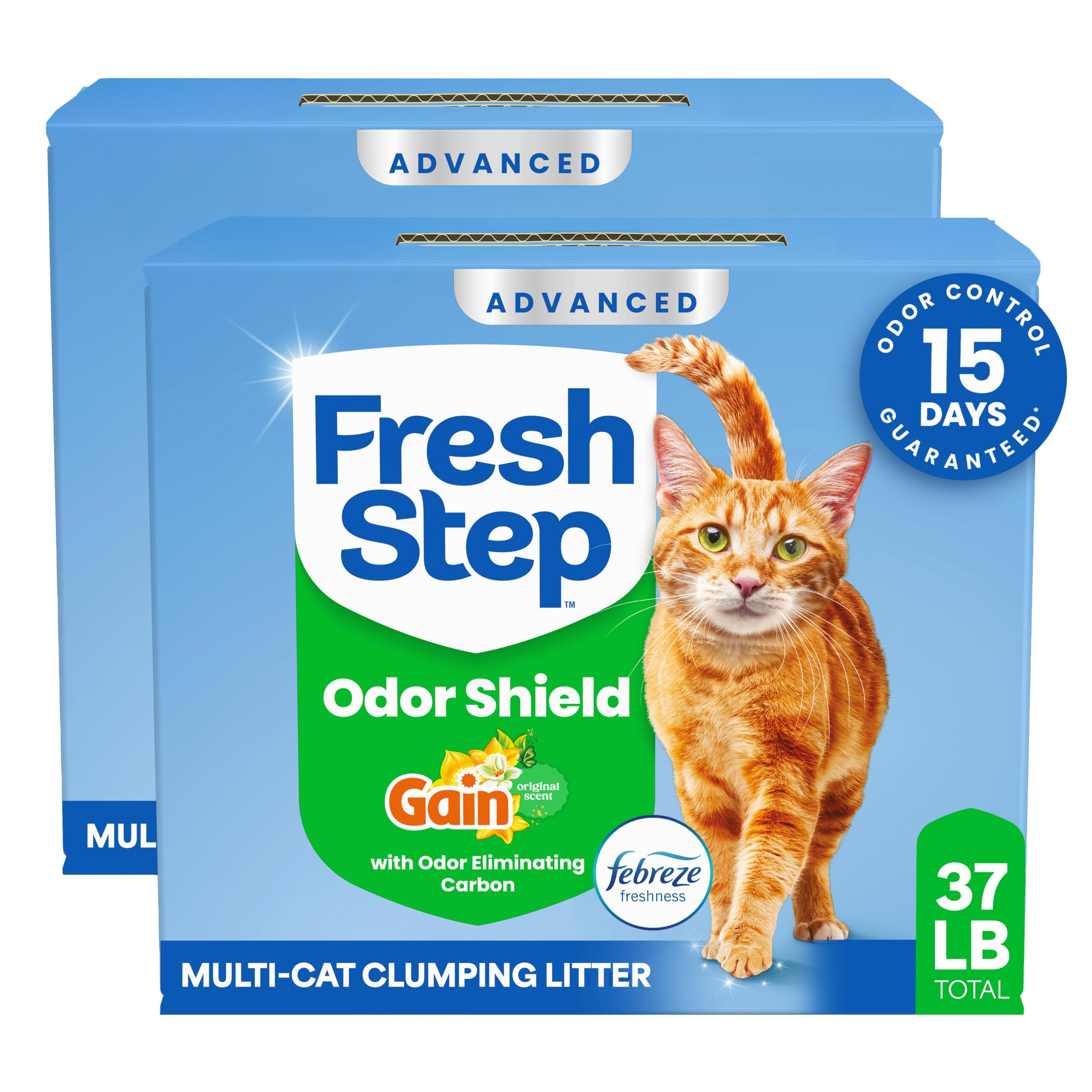 Fresh Step Advanced Odor Shield Light Weight Multi Cat Clumping Litter with Febreze Freshness, Ammonia Block Technology, 18.5 lb. Box, Pack of 2