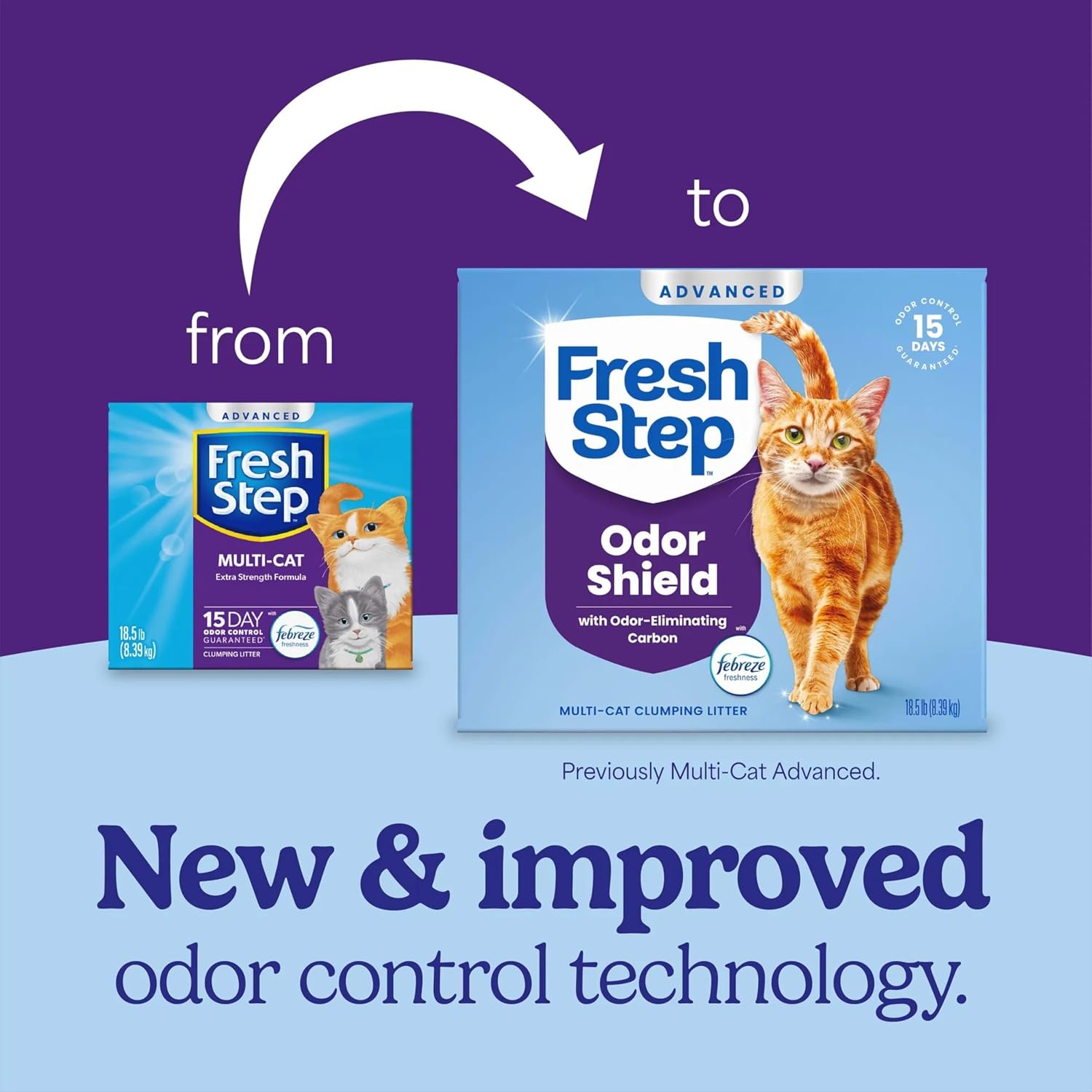 Fresh Step Advanced Odor Shield Light Weight Multi Cat Clumping Litter with Febreze Freshness, Ammonia Block Technology, 18.5 lb. Box, Pack of 2
