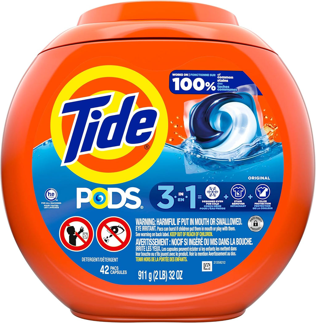 Tide PODS laundry detergent pacs, 3-in-1 Stain Remover, Odor Fighter, Color Protector, 42 Count, HE compatible, Original Scent