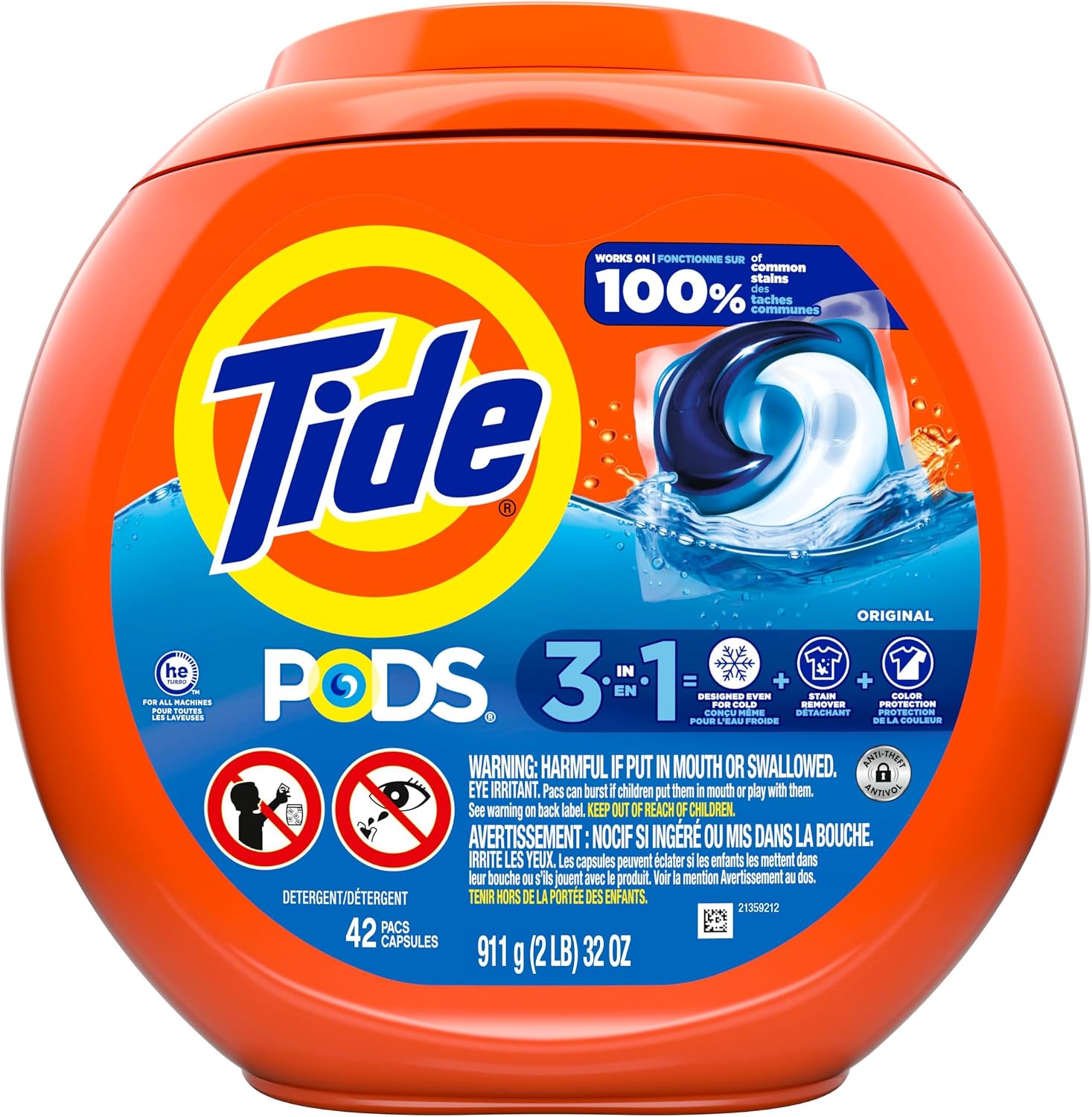 Tide PODS laundry detergent pacs, 3-in-1 Stain Remover, Odor Fighter, Color Protector, 42 Count, HE compatible, Original Scent