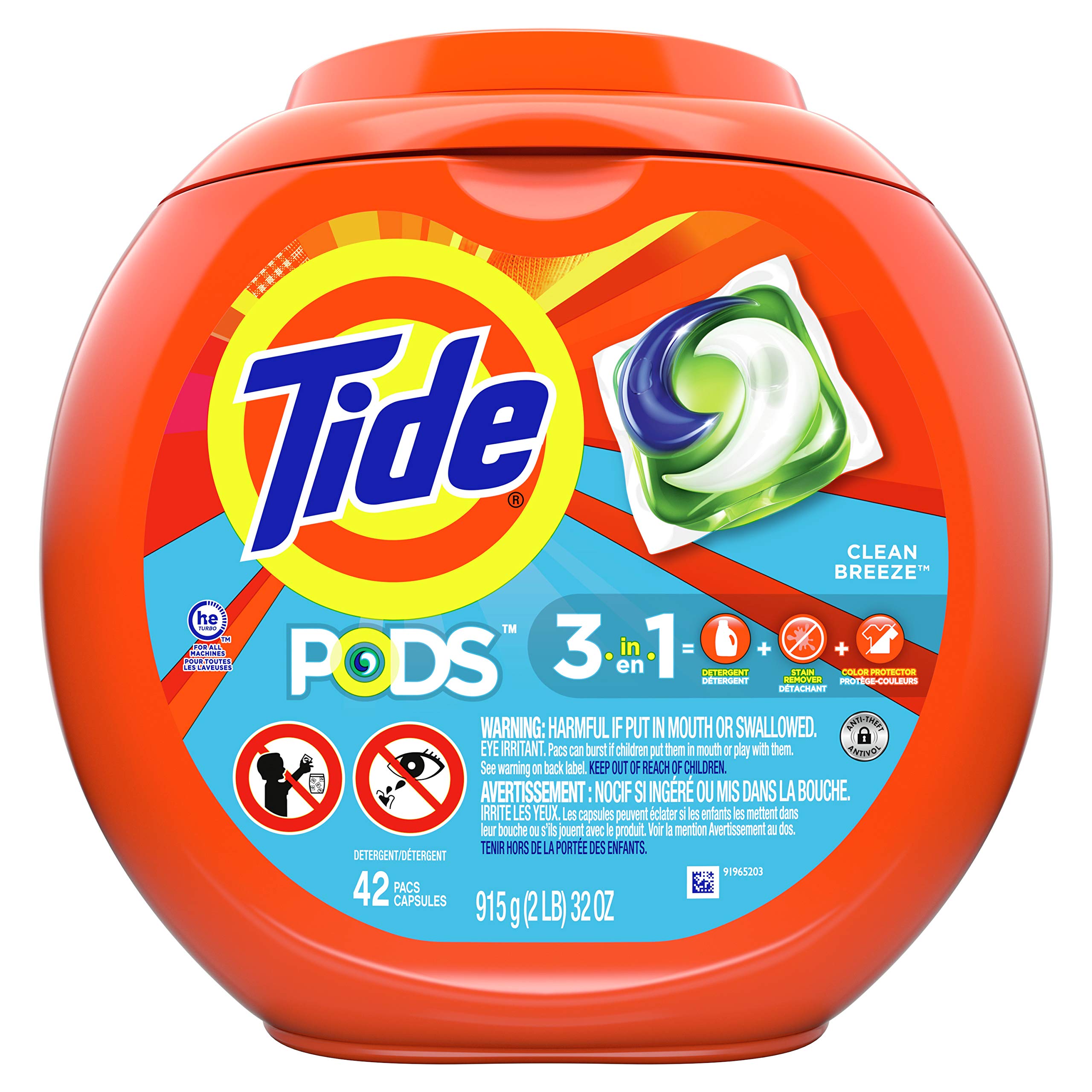 Tide PODS laundry detergent pacs, 3-in-1 Stain Remover, Odor Fighter, Color Protector, 42 Count, HE compatible, Original Scent