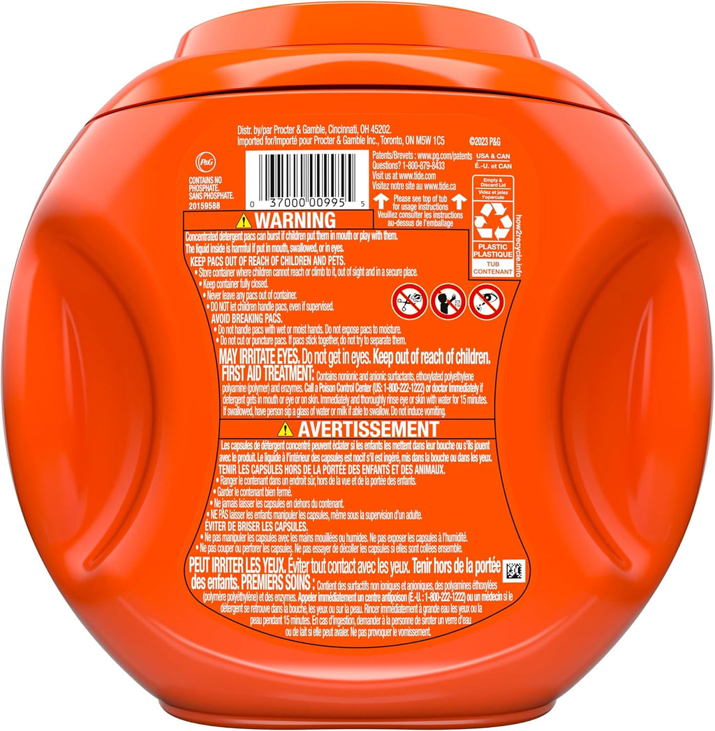 Tide PODS laundry detergent pacs, 3-in-1 Stain Remover, Odor Fighter, Color Protector, 42 Count, HE compatible, Original Scent