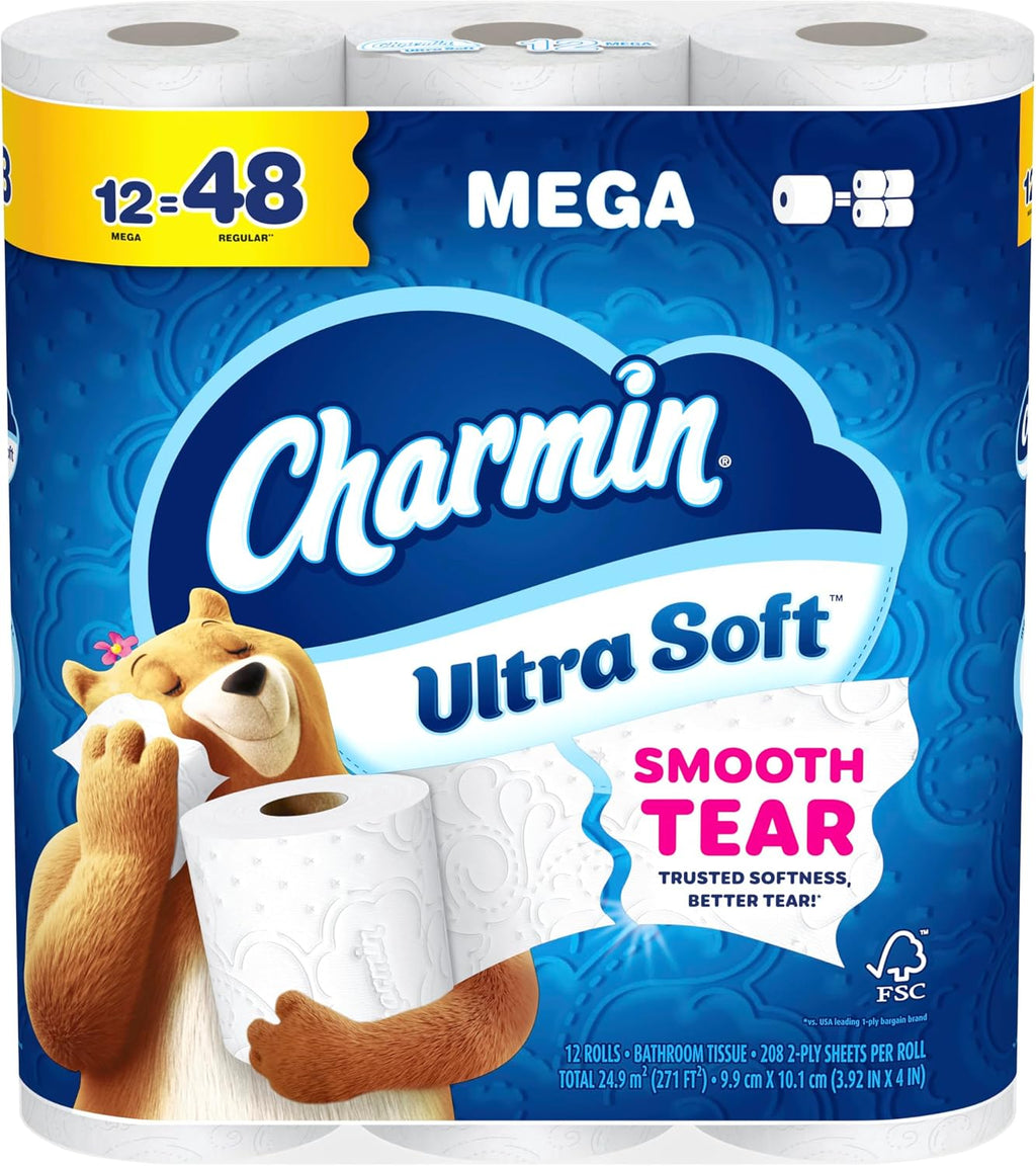 Charmin Ultra Soft Toilet Paper, 12 Mega Rolls = 24 Regular Rolls, 2-ply Bath Tissue