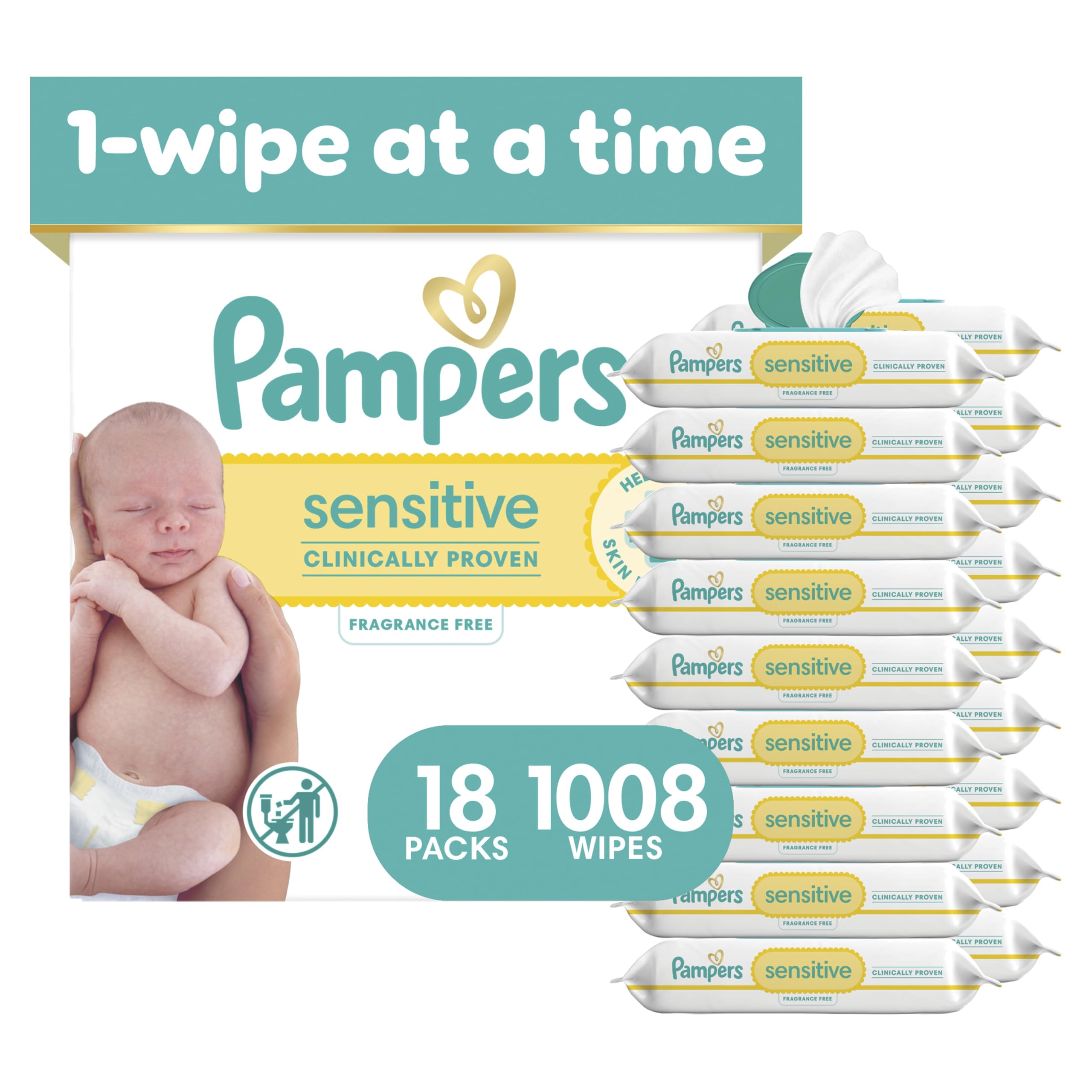 Pampers Sensitive Baby Wipes, Clinically Proven, Fragrance Free, Unscented, Water Based, Hypoallergenic, Multi-Use, Hand Wipes 336 Wipes Total (6X Flip-Top Packs) [Packaging May Vary]