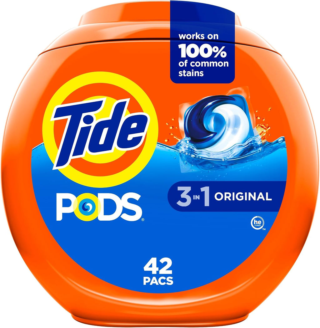 Tide PODS laundry detergent pacs, 3-in-1 Stain Remover, Odor Fighter, Color Protector, 42 Count, HE compatible, Original Scent