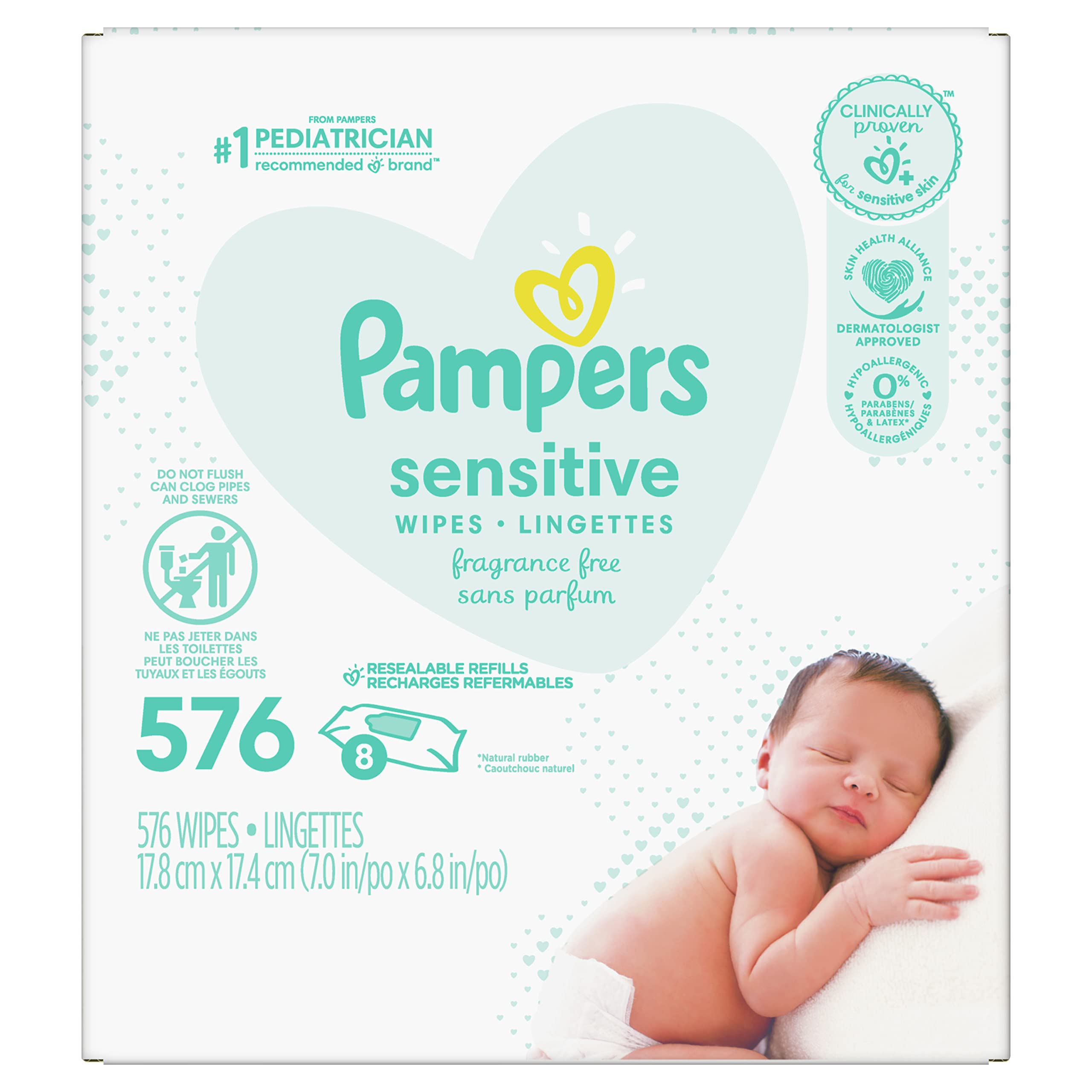 Pampers Sensitive Baby Wipes, Clinically Proven, Fragrance Free, Unscented, Water Based, Hypoallergenic, Multi-Use, Hand Wipes 336 Wipes Total (6X Flip-Top Packs) [Packaging May Vary]