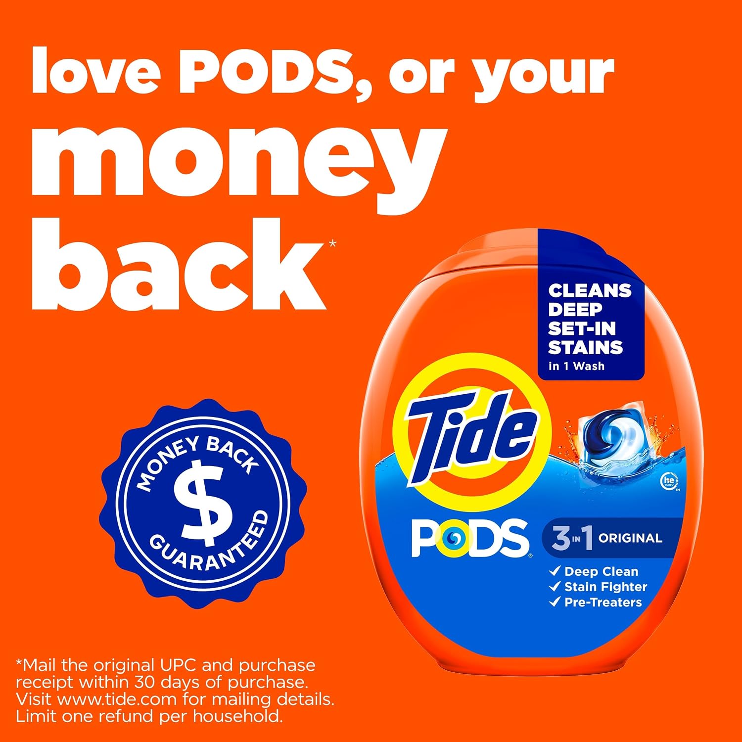 Tide PODS laundry detergent pacs, 3-in-1 Stain Remover, Odor Fighter, Color Protector, 42 Count, HE compatible, Original Scent