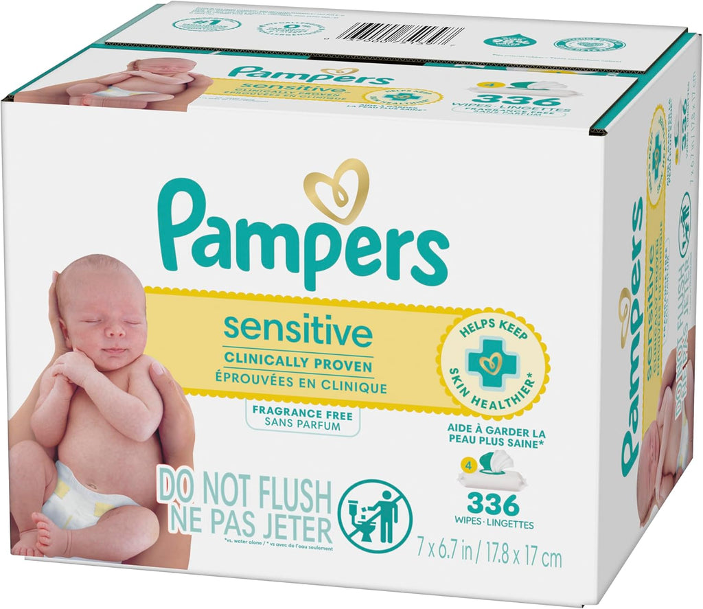 Pampers Sensitive Baby Wipes, Clinically Proven, Fragrance Free, Unscented, Water Based, Hypoallergenic, Multi-Use, Hand Wipes 336 Wipes Total (6X Flip-Top Packs) [Packaging May Vary]