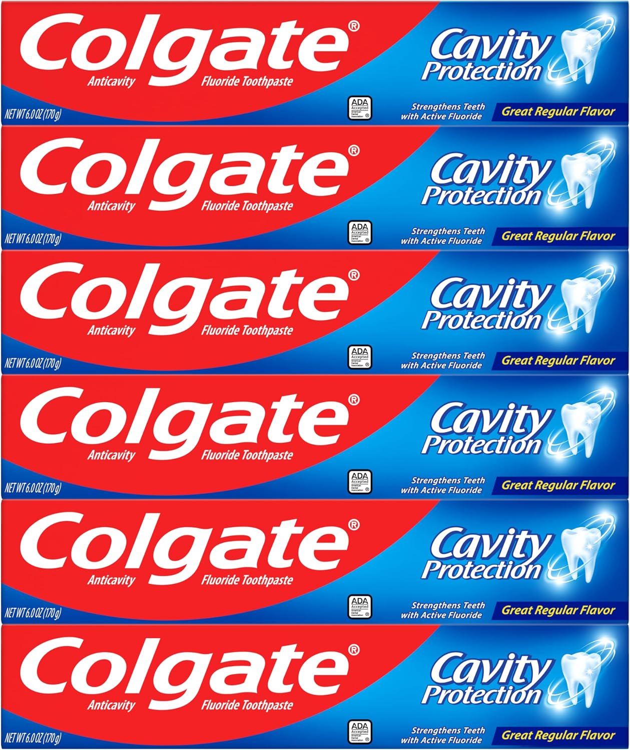 Colgate Cavity Protection Toothpaste with Fluoride, Minty Great Regular Flavor, Anti Cavity Toothpaste, 6 Pack, 6 Oz Tubes