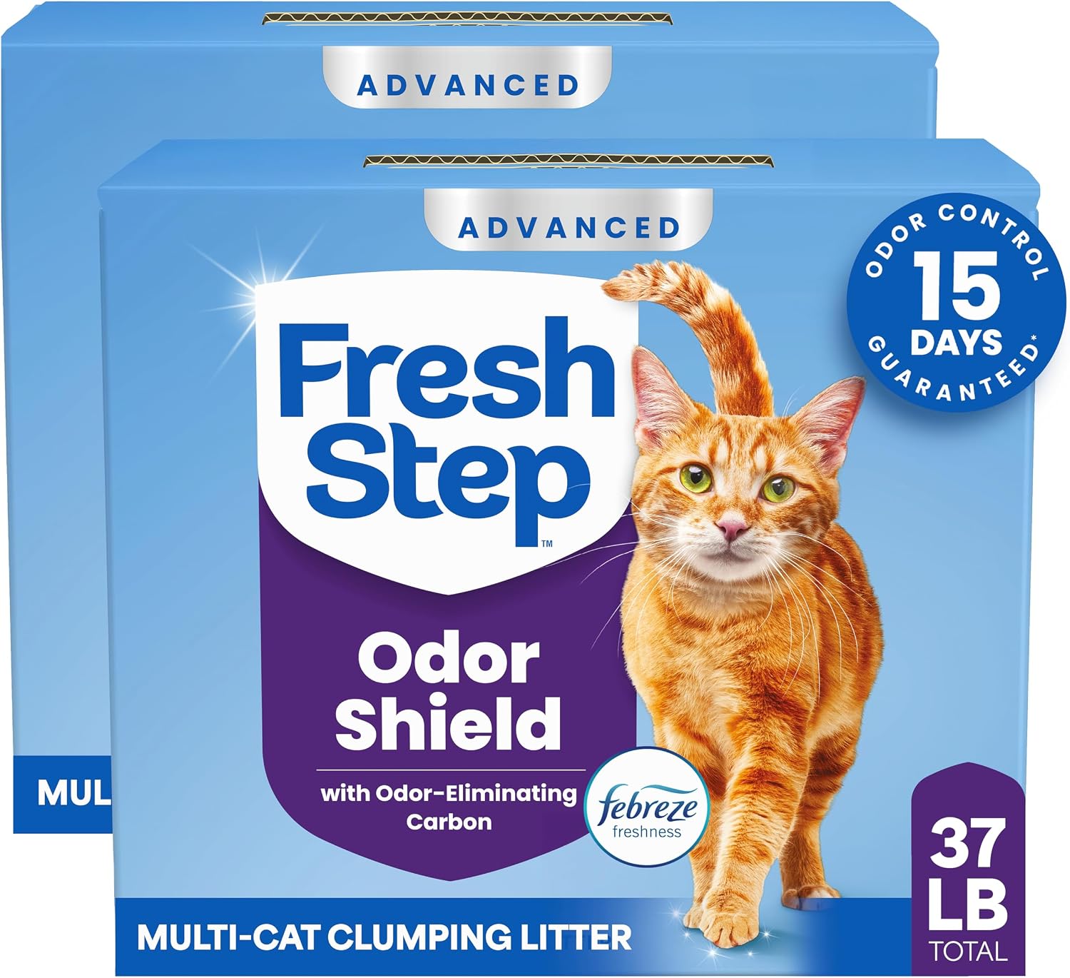 Fresh Step Advanced Odor Shield Light Weight Multi Cat Clumping Litter with Febreze Freshness, Ammonia Block Technology, 18.5 lb. Box, Pack of 2