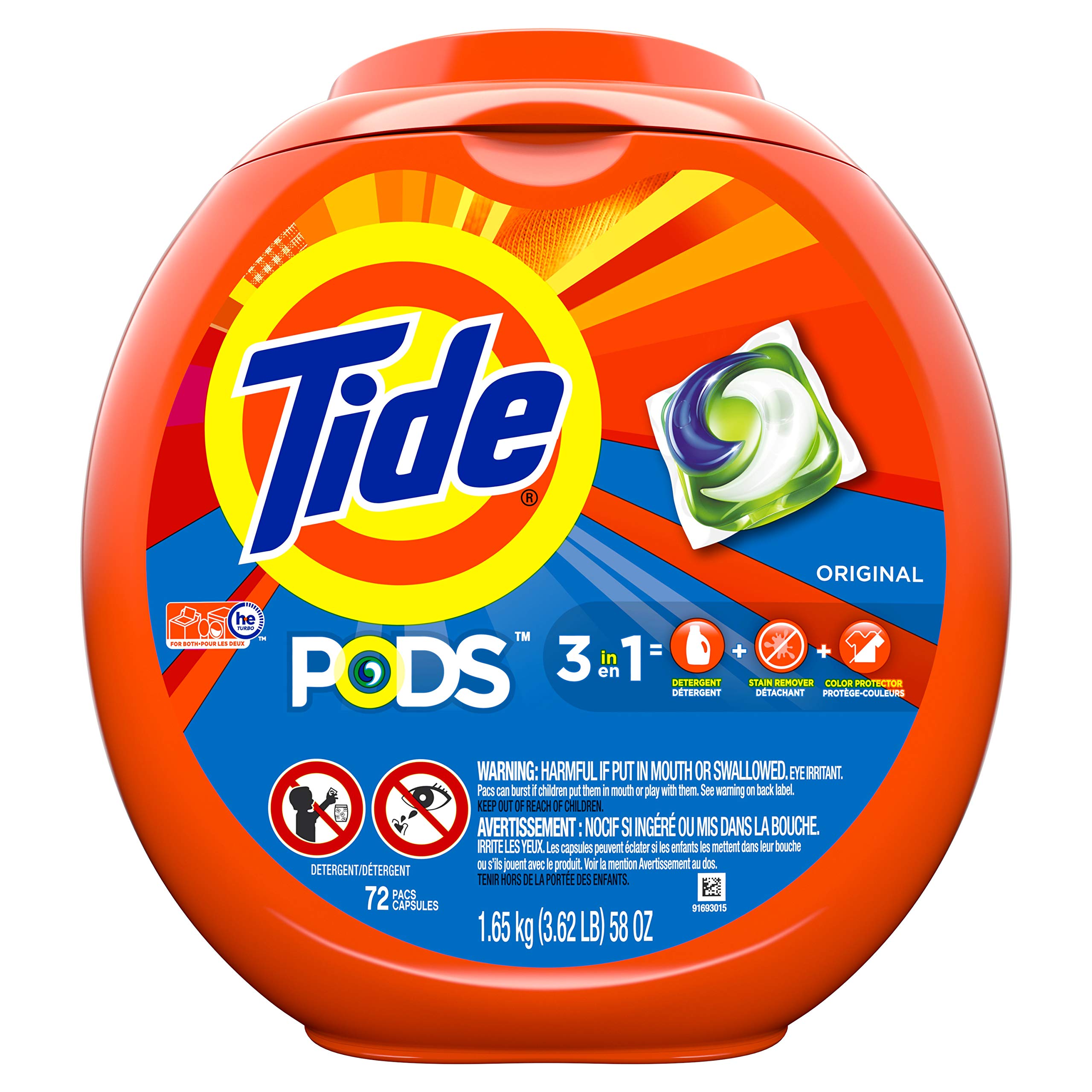 Tide PODS laundry detergent pacs, 3-in-1 Stain Remover, Odor Fighter, Color Protector, 42 Count, HE compatible, Original Scent