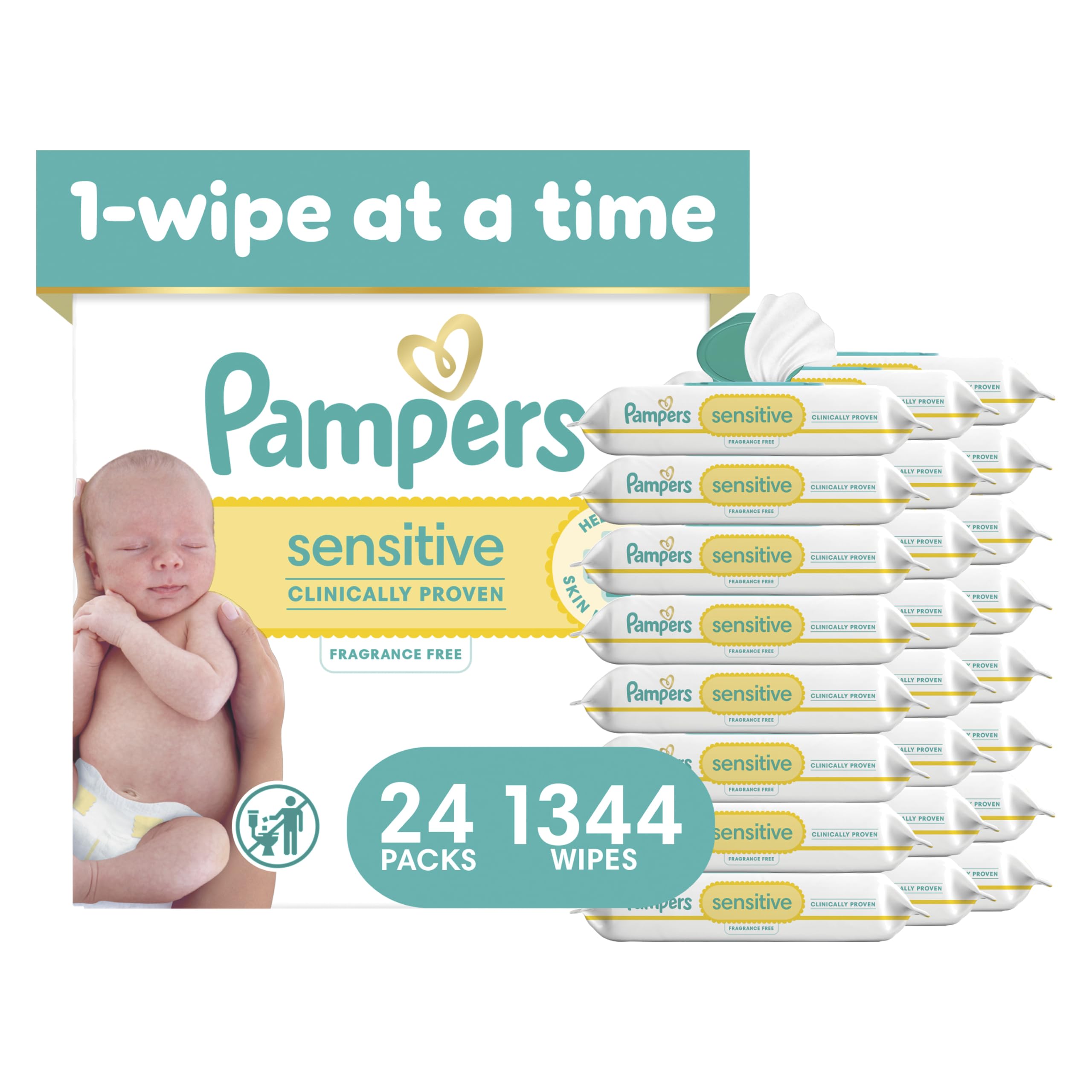Pampers Sensitive Baby Wipes, Clinically Proven, Fragrance Free, Unscented, Water Based, Hypoallergenic, Multi-Use, Hand Wipes 336 Wipes Total (6X Flip-Top Packs) [Packaging May Vary]