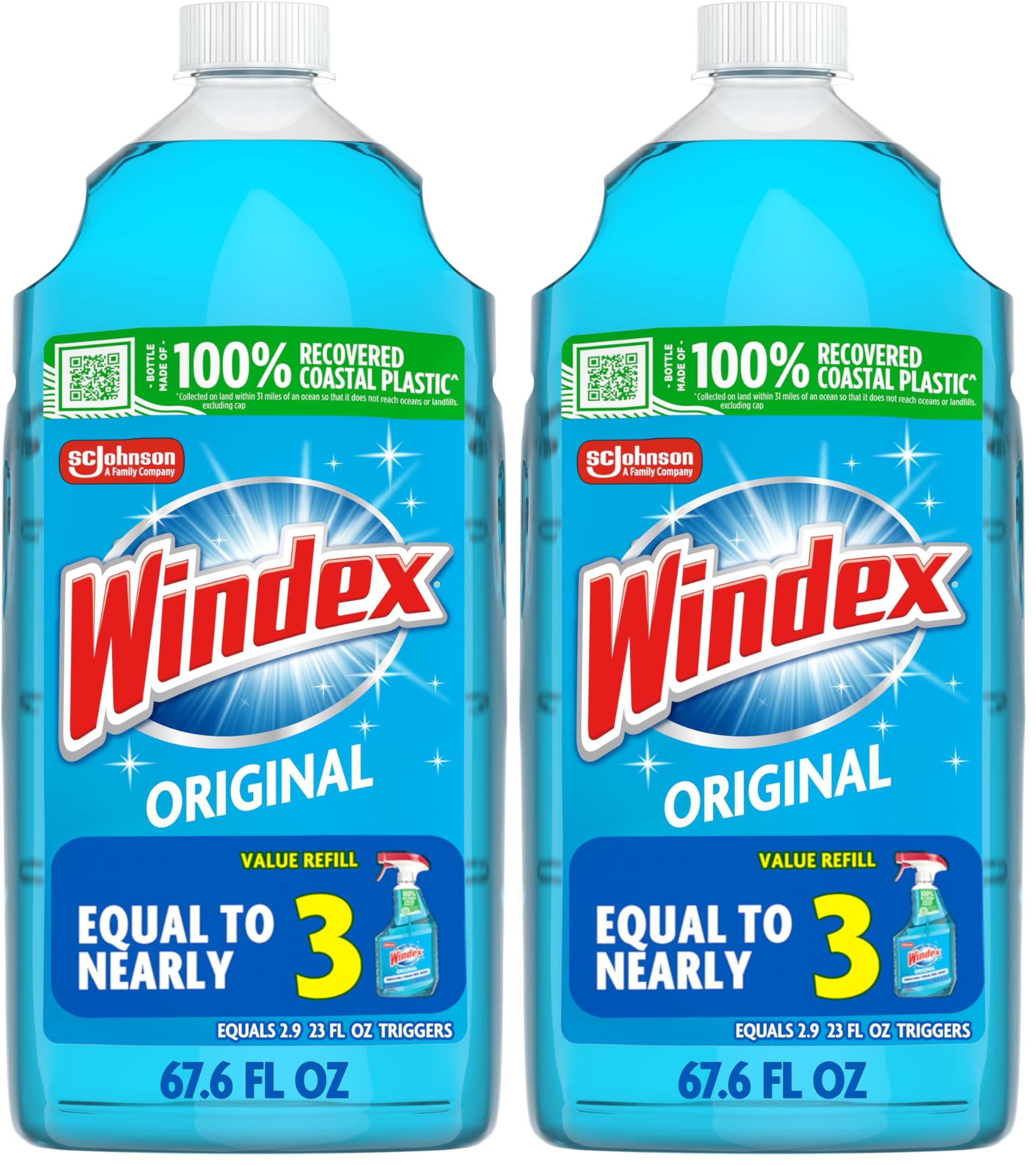 Windex Glass and Window Cleaner Spray Bottle, Packaging Designed to Prevent Leakage and Breaking, Surface Cleaning Spray, Original Blue Scent, 23 Fl Oz (Pack of 2)