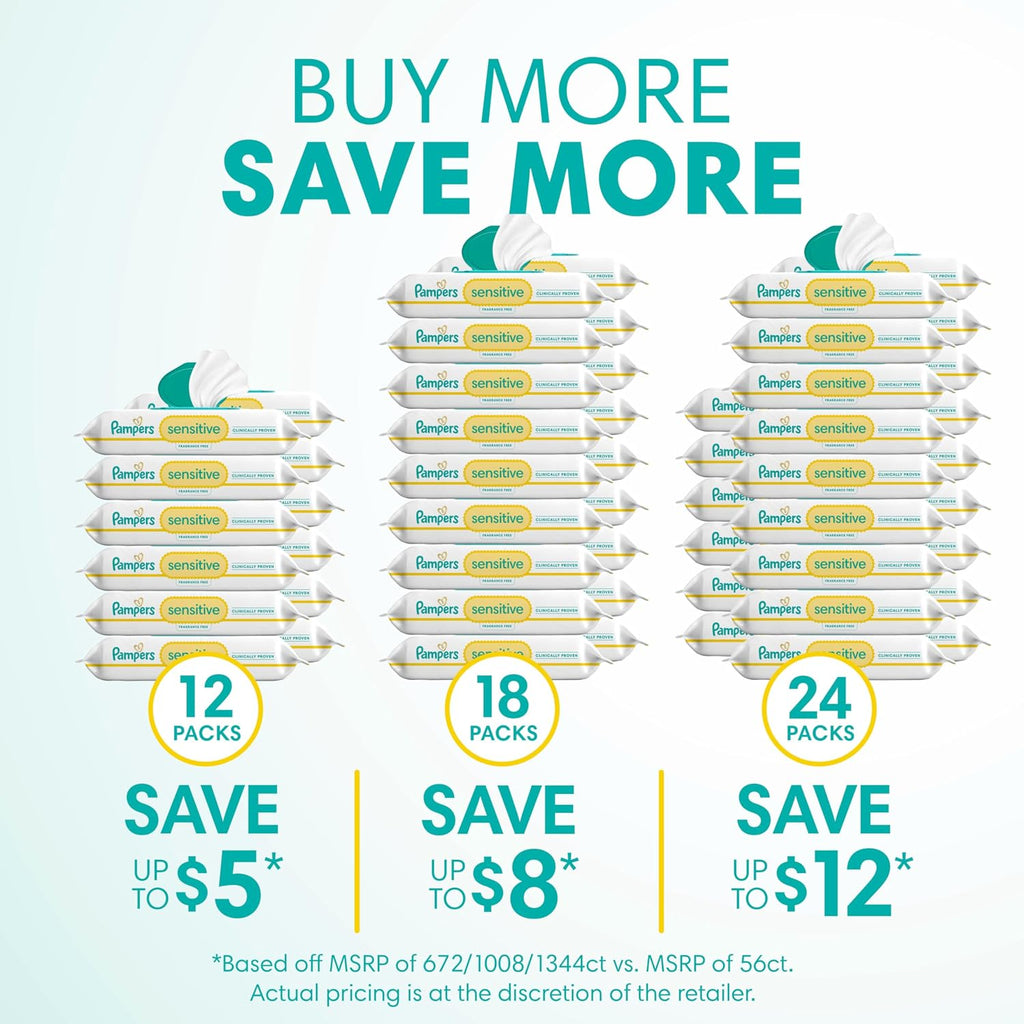 Pampers Sensitive Baby Wipes, Clinically Proven, Fragrance Free, Unscented, Water Based, Hypoallergenic, Multi-Use, Hand Wipes 336 Wipes Total (6X Flip-Top Packs) [Packaging May Vary]