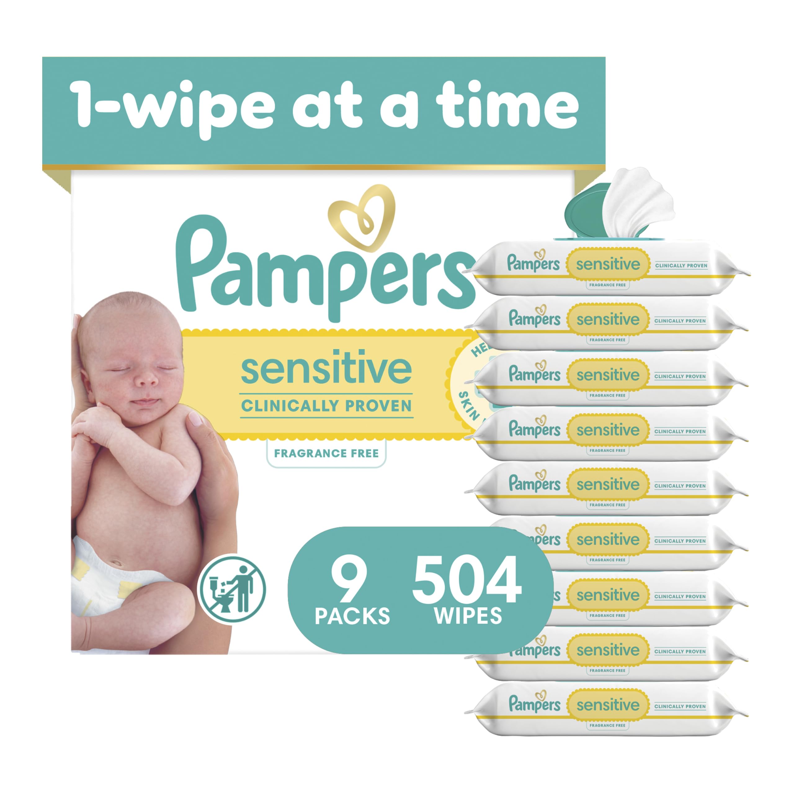Pampers Sensitive Baby Wipes, Clinically Proven, Fragrance Free, Unscented, Water Based, Hypoallergenic, Multi-Use, Hand Wipes 336 Wipes Total (6X Flip-Top Packs) [Packaging May Vary]