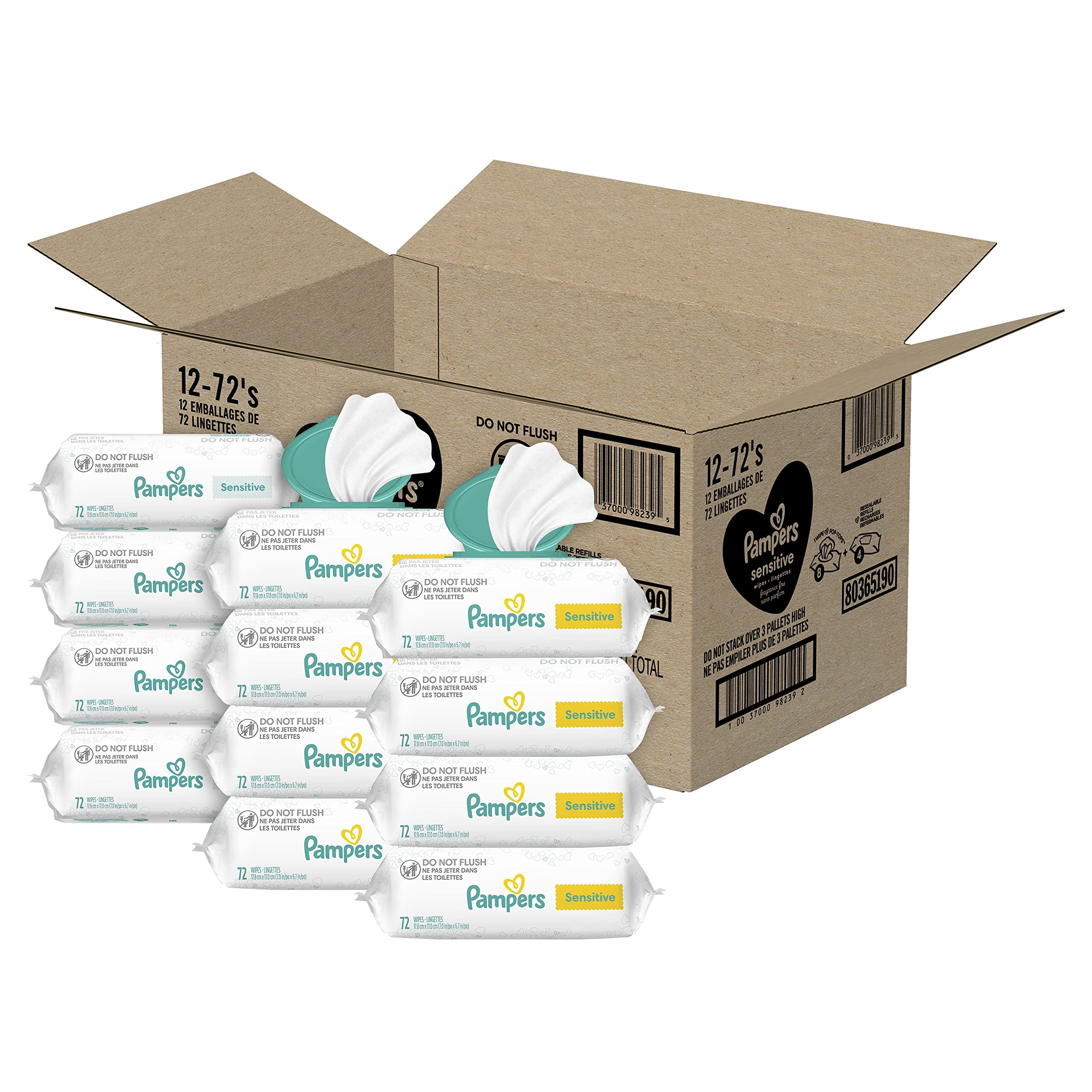 Pampers Sensitive Baby Wipes, Clinically Proven, Fragrance Free, Unscented, Water Based, Hypoallergenic, Multi-Use, Hand Wipes 336 Wipes Total (6X Flip-Top Packs) [Packaging May Vary]